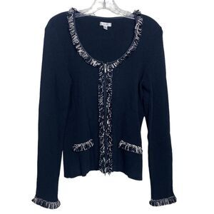 Cache L black vintage cardigan sweater W / black White fringe trims zips